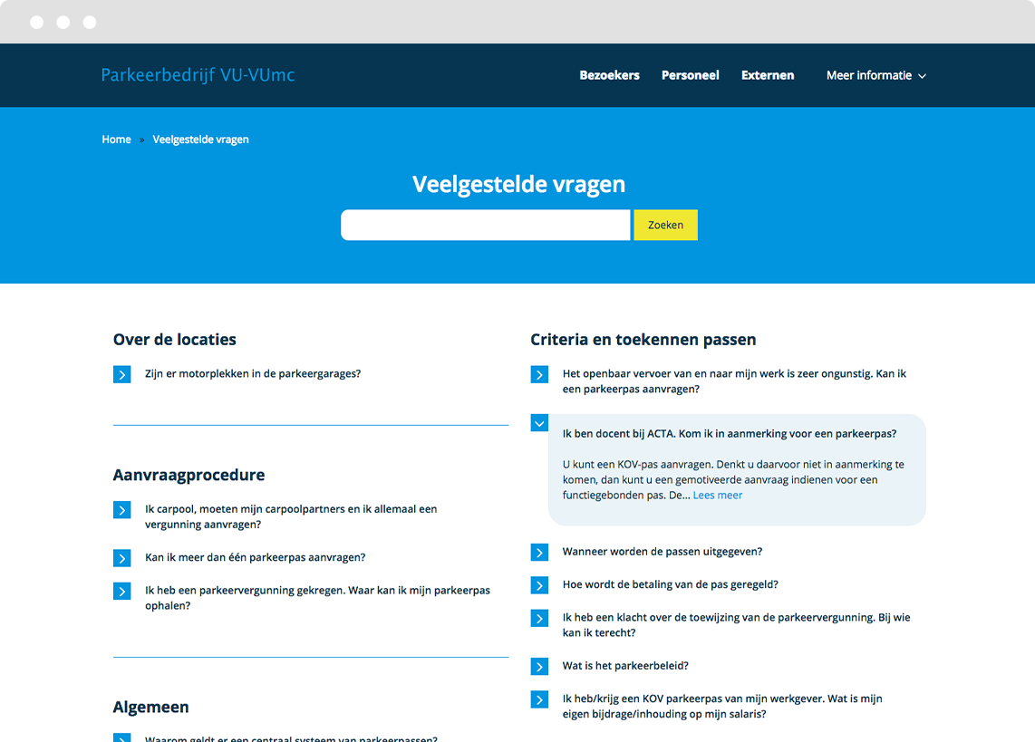 View of the landing page with FAQs in a Drupal CMS website