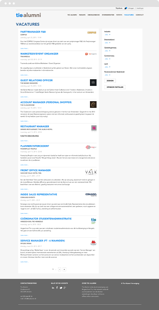 Screenshot of jobs page on Drupal intranet platform for Tio University