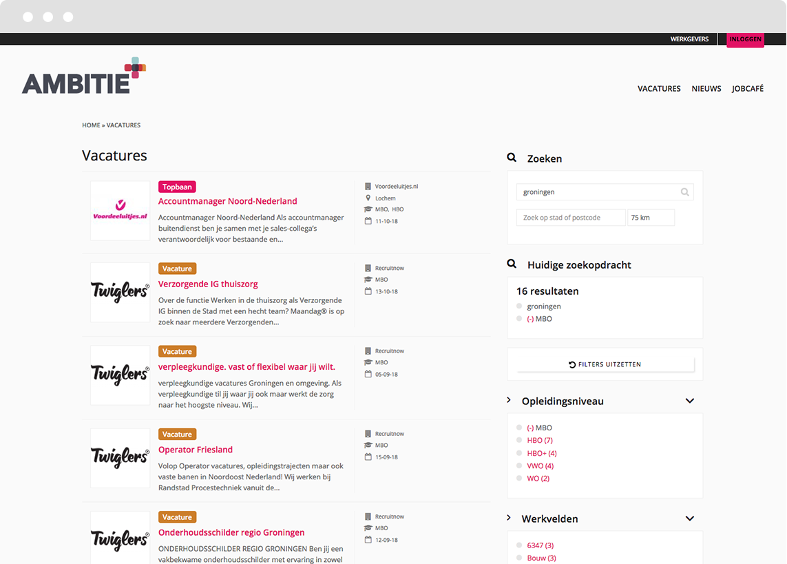 Screenshot of Ambitie.nl saved job searches and filtered results Saved job searches and filtered search results developed in Drupal