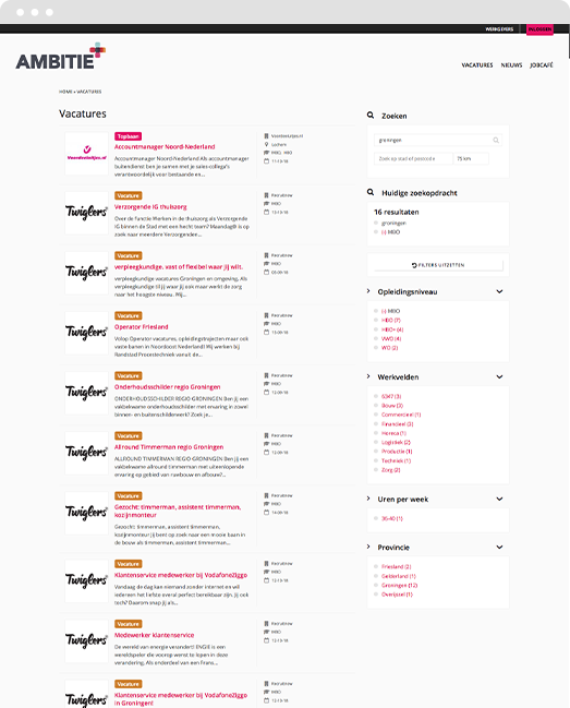 Screenshot of Ambitie.nl filtered search page Jobs overview page with filtered results and saved searches