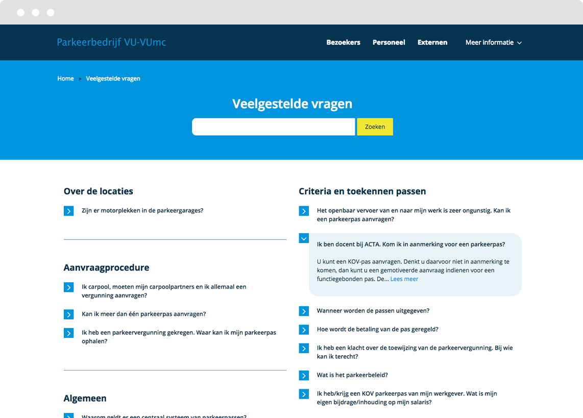 Screenshot of VU-VUmc FAQ page View of the landing page with FAQs in a Drupal CMS website