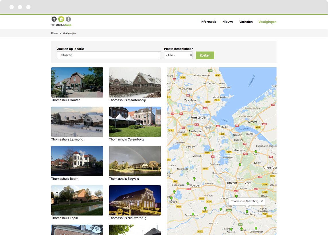 Google Maps integration for De Thomashuizen Drupal website Screenshot of Google Maps integration for Drupal platform Thomashuis.nl