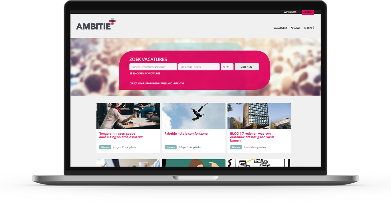 Screenshot of Ambitie.nl homepage Recruitment platform homepage for Ambitie.nl developed in Drupal