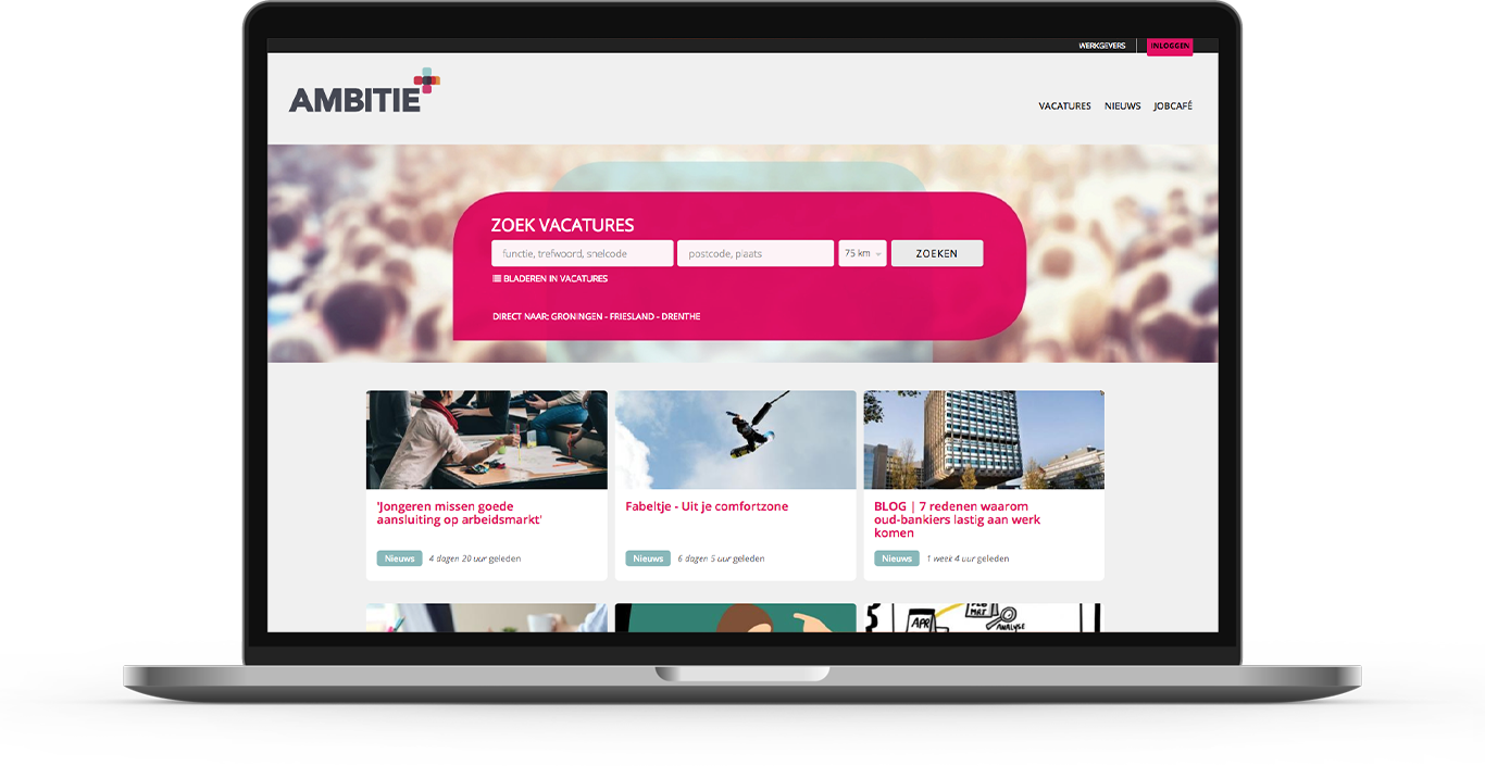 Recruitment platform homepage for Ambitie.nl developed in Drupal
