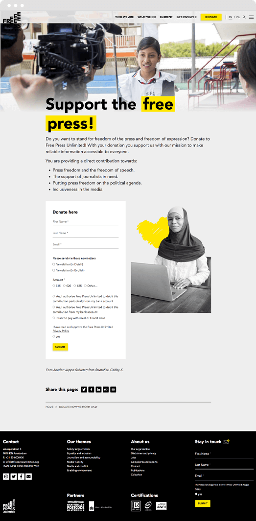 Screenshot of a landing page with donation form on the new Drupal website we developed for Free Press Unlimited Screenshot of a landing page with donation form on the new Drupal website we developed for Free Press Unlimited