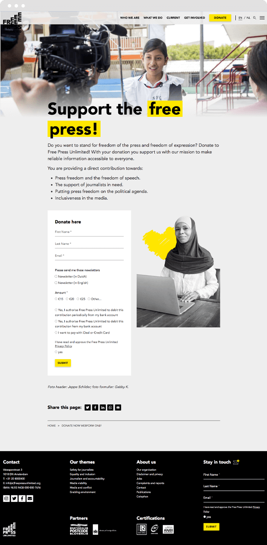 Screenshot of a landing page with donation form on the new Drupal website we developed for Free Press Unlimited