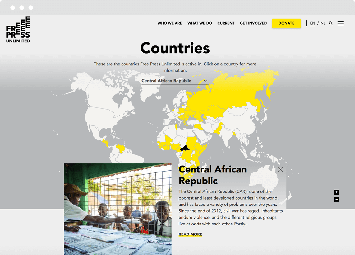 We created a world map as a visual tool to illustrate Free Press Unlimited's impact around the world Screenshot of the world map that allows website visitors to navigate across
