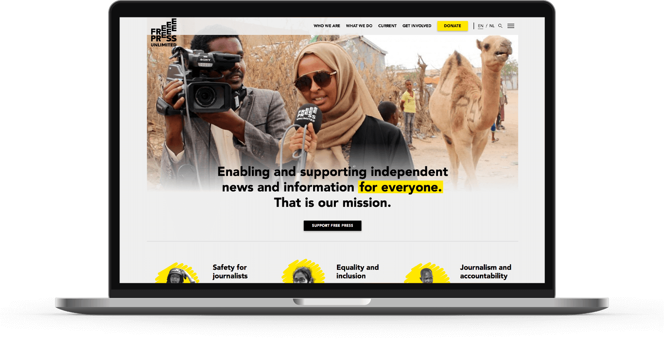 We developed a new Drupal website for Free Press Unlimited, an international NGO, active in over 50 countries A laptop computer displaying the homepage of the Drupal website we created for Free Press Unlimited
