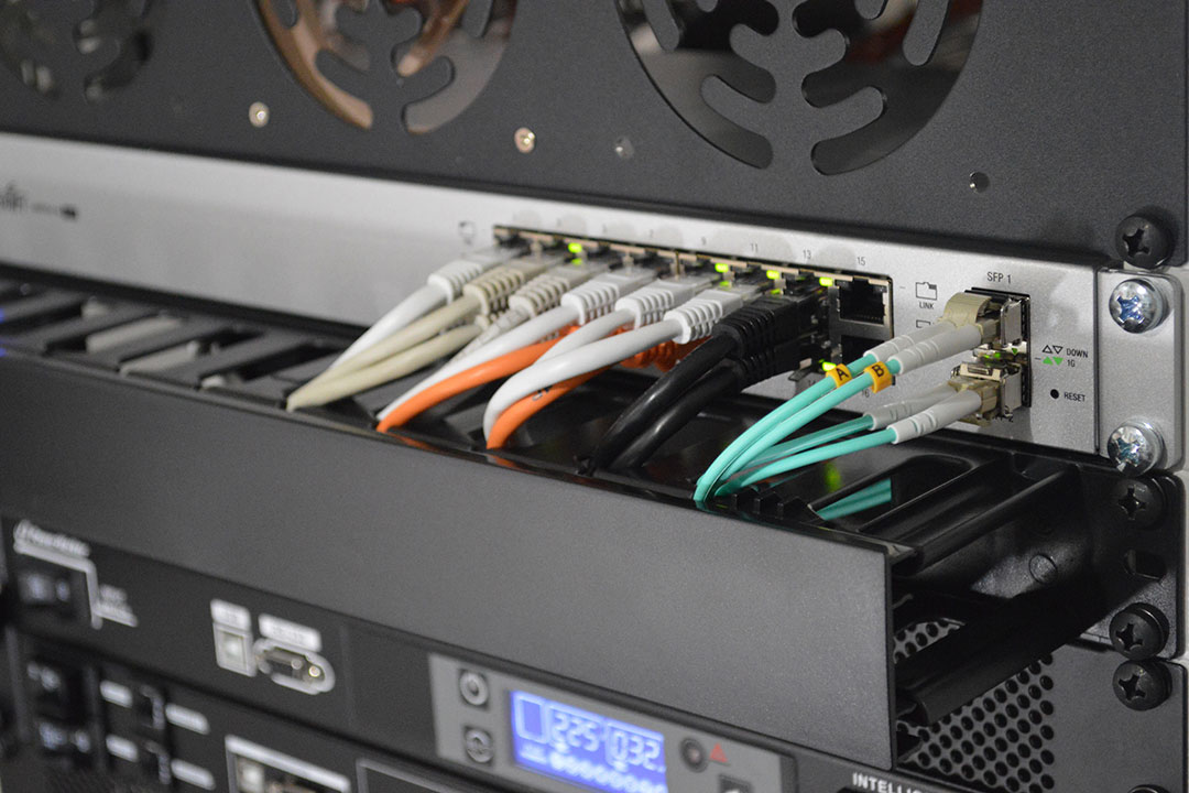 Server webhosting cables Sever for webhosting with cables inserted into it